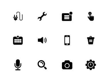 Web ve mobil geliştirme için siyah simge koleksiyonu, cep telefonu, kamera ve daha fazlası için semboller içeren Asgari Temel Kullanıcı Arayüzü ve Teknoloji Simgesi