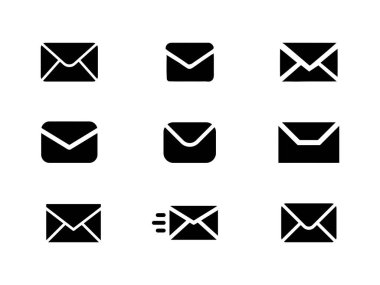 posta zarfı simgesi, siyah e- posta simgesi, siluet vektör resimleme beyaz arkaplan, E- posta simgesi Düz Doldurma koleksiyonu, onaylanmış ileti simgeleri siyah doldurulmuş olarak ayarlandı
