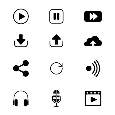 Bilgi Teknolojisi web simgesi satır biçiminde ayarlandı. Wi-Fi, yükleme, yükleme, gelişme, çalma, kulaklık, video, koleksiyon. Vektör illüstrasyonu