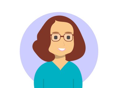 Mutlu gülümseyen gözlüklü genç kadın neşeli öğrenci ya da profesyonel kız karakter avatarı. Dalgalı saçlı, arkadaş canlısı bir yüzün modern düz çizgi film çizimi.