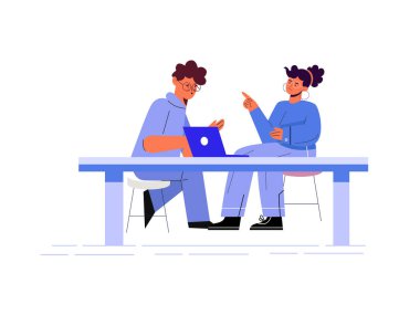 İş görüşmesi konsepti. Soru soran genç bir kadının vektör karikatür çizimi ve masada oturan takım elbiseli bir adam bunlara cevap veriyor. Arkaplanda izole