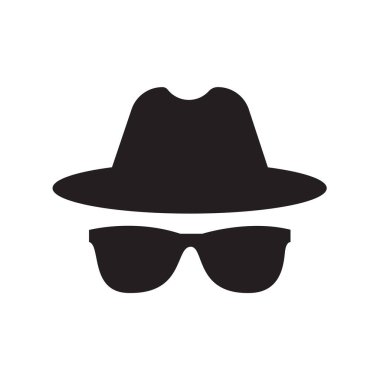 Siyah dedektif şapkası ve güneş gözlüğü silueti bir casusu ya da dedektif vektör ikonunu temsil ediyor.