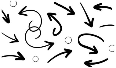 Düz, eğri, dalgalı ve zigzag desenleri de dahil olmak üzere çeşitli şekillerde ve yönlerde rastgele siyah oklar koleksiyonu, beyaz bir arkaplana saçılmış.