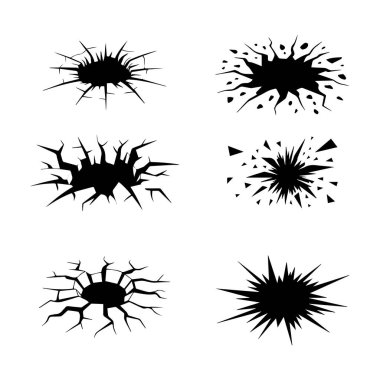 Vektör çatlakları, delikler ve patlama etkileri. Altı siyah ve beyaz vektör çizimi. Zemin çatlakları, duvar hasarı ve yıkım kavramları için parçalanmış cam siluetleri koleksiyonu.