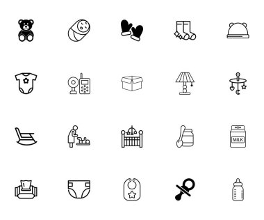 Yeni doğan aksesuarlar ve Beslenme Koleksiyonu Bebek temel ikonları doğrusal bebek bakımı, bebek odası, beşik, beşik, uyku tulumu, bebek monitörü, battaniye, emzik, gece lambası, oyuncak ayı