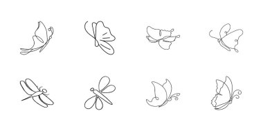 Minimalist Kelebek ve Yusufçuk Tek Hat Sanat Koleksiyonu. Doğa Tasarımı İçin Elle Çizilmiş Böcekler Zarif Vektör Kümesi.