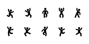 Mutlu İnsanlar basit siyah-beyaz vektör simgelerini yapıştırır. Kutlama ve Başarı İçin Neşeli, Dans ve Atlama Karakterleri Koleksiyonu