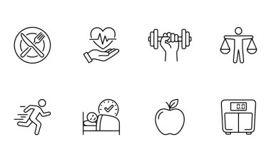 Sağlık ve Sağlık Hattı Simgeleri Formunu, Diyet, Uyku ve Sağlıklı Yaşam Tarzı Vektör Koleksiyonunu Ayarla