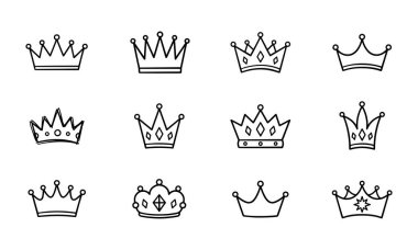 El Çizimi Taç Simgeleri Ayarlandı. Kraliyet Başlık Sembollerinin Doodle Vektör Taslak Koleksiyonu. Kral, Kraliçe, Prens, Prenses Tasarım Elementleri