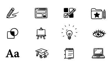El Çizimi Yaratıcı Simgeler Ayarlandı. Doodle Sanat, Eğitim, Tasarım, Fikir, Öğrenme ve Teknoloji Sembolleri. Sketchy Business ve Office Vektör Paketi.
