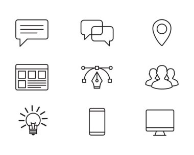 Dijital İletişim ve Web Tasarım Ana Hattı Simgeleri Ayarlandı. Teknoloji, UI, Fikir ve Konum Vektörü Koleksiyonu.