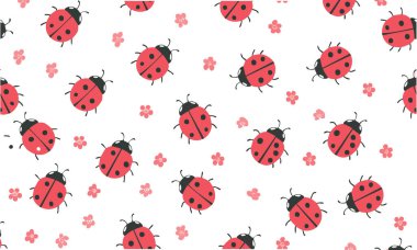 Kumaş, Tekstil ve Bahar için Sevimli Eşsiz Uğur Böceği ve Pembe Çiçekli Kusursuz Desensiz Desenli Vektör Arkaplanı