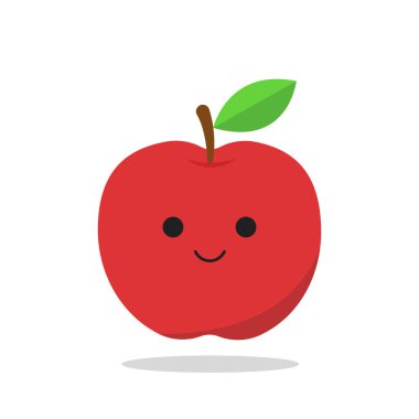 Şirin Kırmızı Elma Karakteri Düz Vektör İllüzyonu gülümseyen yüz, pembe yanaklar ve yeşil bir yaprak