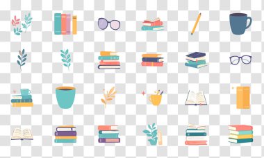 Samimi Çalışma ve Okuma Simgesi Pastel Düz Kitaplar, Kahve ve Gözlükler. Eğitim, Öğrenme ve Gevşeme İllüstrasyonları.