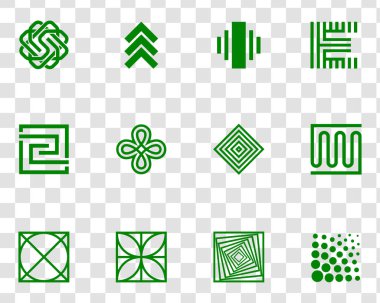 Modern Soyut Geometrik Yeşil Vektör Simgeleri Ayarlandı. Teknoloji, İş, Eko ve UI UX Tasarımı için Çeşitli Semboller.