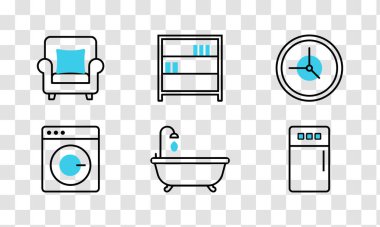 Modern Ev Esasları Satır Simgeleri Ayarlandı. Ev Mobilya ve Alet Koleksiyonu.