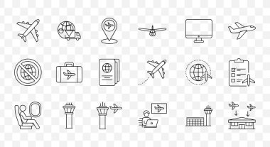 Air Travel and Airport Line Icons Set Flight, Aviation, Global Transportation, Turizm ve Bagaj Vektörleri