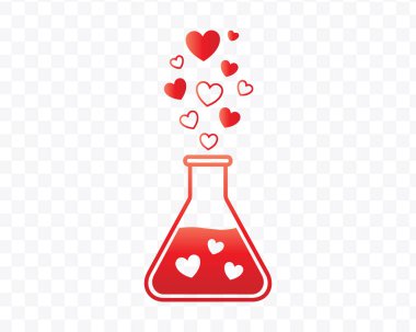 Aşk İksiri Şişesi ve Uçan Kalpler Simgesi Vektörü. Sevgililer Günü Aşk Bilimi Deney Tasarımı