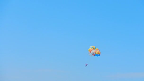 Les gens descendent en parachute au-dessus de la mer — Video