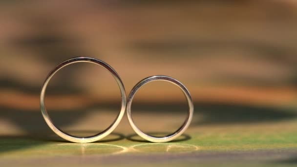 Wedding rings lie on a wooden surface — Stock Video