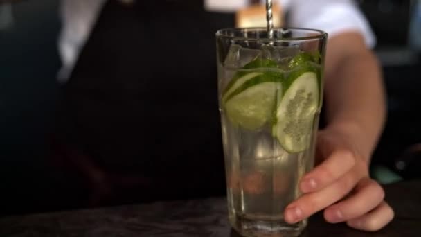 Flicka bartendern blandar en cocktail — Stockvideo