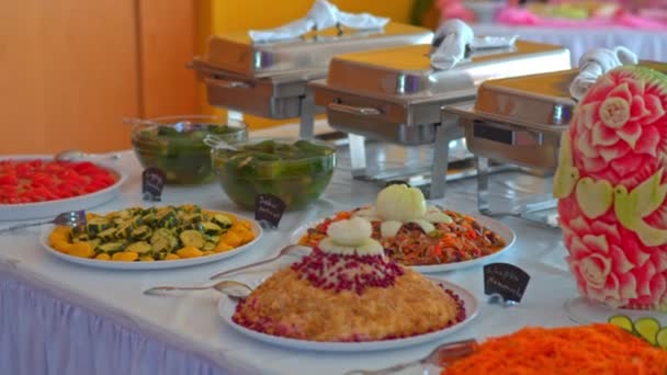 Buffet : salades, viandes et plats de poisson sont sur la table — Video