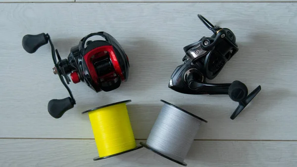 Fishing tackle reels and line Royalty Free Stock Images