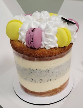 Gerçek gurmeler için yapılmış küçük bir cheesecake 'e benzeyen leziz bir tatlı. Hassas pastel renkli badem kurabiyeleri ve zarif krema kıvrımlarıyla süslenmiş. Bir rahatlık, lüks hissi uyandırıyor.