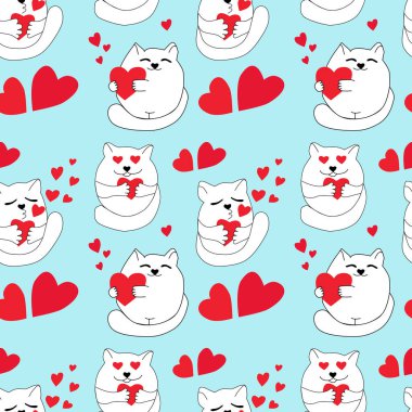 Büyük kırmızı ve pembe kalplerin içine yerleştirilmiş kırmızı kalpleri kucaklayan sevimli beyaz kediler kusursuz bir romantik düzen oluştururlar. Çıplak bir arkaplanda. Tatil dekorasyonu, Sevgililer Günü, hediye paketi, tekstil, romantizm için.