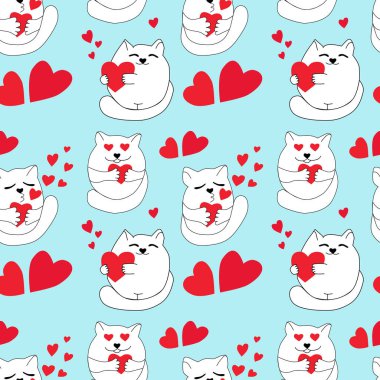 Büyük kırmızı ve pembe kalplerin içine yerleştirilmiş kırmızı kalpleri kucaklayan sevimli beyaz kediler kusursuz bir romantik düzen oluştururlar. Çıplak bir arkaplanda. Tatil dekoru, Sevgililer Günü, hediye paketi, tekstil, romantizm için.