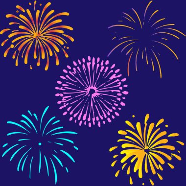 Mavi arka planda izole edilmiş renkli havai fişek seti. Kartpostalların, posterlerin, sosyal ağların ve kutlamalara, yeni yıla, festival etkinliklerine adanmış tüm projelerin tasarımı için.