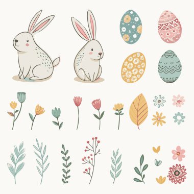 Tavşanlı şirin Paskalya seti, dekoratif Paskalya yumurtaları ve bahar çiçekleri. Hassas pastel renk paleti, çiçek elementleri. Tatil kartları, ambalaj kağıtları, tekstil ve çocuk ürünleri için.