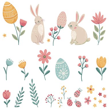 Tavşanlı şirin Paskalya seti, dekoratif Paskalya yumurtaları ve bahar çiçekleri. Hassas pastel renk paleti, çiçek elementleri. Tatil kartları, ambalaj kağıtları, tekstil ve çocuk ürünleri için.