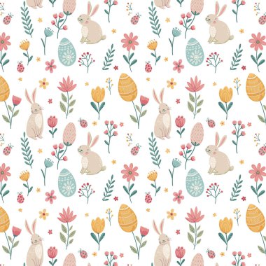 Tavşanları, dekoratif paskalya yumurtaları ve bahar çiçekleri olan paskalya desenleri. Yumuşak pastel renk paleti, çiçek elementleri. Tatil kartları, ambalaj kağıtları, tekstil ve çocuk ürünleri için.
