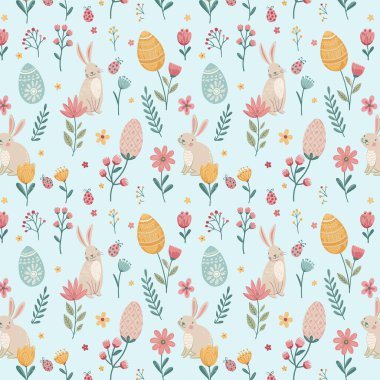 Tavşanları, dekoratif paskalya yumurtaları ve bahar çiçekleri olan paskalya desenleri. Hassas pastel renk paleti, mavi arka planda çiçekli elementler. Tatil kartları, ambalaj kağıtları, tekstil için.