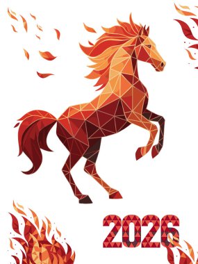 Ateşli bir atın çokgen çizimi, 2026 'nın bir sembolü. Kırmızı, turuncu, altın tonlarında dinamik bir at enerjiyi, kuvveti ve hareketi vurgular. Takvimler, bayram kutlamaları, tematik posterler