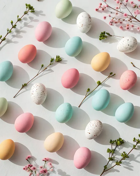 Paskalya yumurtalarının minimumum düzlükte ve temiz bir arka planı var. Kompozisyon, yumuşak pastel renkler kullanılarak modern bir estetikte yapılmıştır. Çeşitli tasarım projelerinde ticari kullanım için