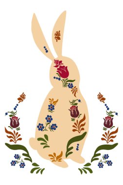 Geleneksel halk çiçekleriyle süslenmiş bir Paskalya tavşanı silueti. Çiçekler ve yapraklarla çevrili bej bir tavşan. Zarif vektör illüstrasyonu. Tebrik kartları ve tekstil baskısı için
