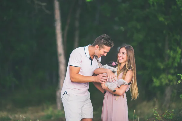 Fellow and girl hold a dog on hands — Stock Photo, Image