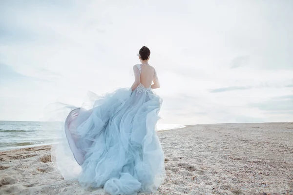 Mariée en marche sur la plage Images De Stock Libres De Droits