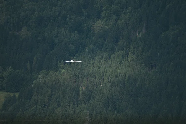 Plane flies over the forest — Stock Photo, Image