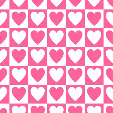 Birbirine kenetlenmiş pembe ve beyaz kalpleri olan kusursuz bir desen, kareli bir şekilde düzenlenmiş. Sevgililer Günü, davetiyeler, arka planlar, ambalajlar veya kumaş modelleri gibi romantik temalar için ideal.