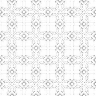 Beyaz arka planda birbirine kenetlenmiş çizgilerden oluşan kusursuz İslami geometrik desen. Çeşitli yaratıcı projeler veya dekoratif öğeler için uygundur.