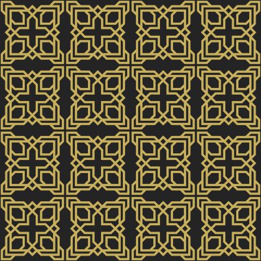 Arap tarzında kusursuz geometrik desen, koyu arkaplanda birbirine kenetlenmiş altın çizgilerden oluşur. Çeşitli yaratıcı projeler veya dekoratif öğeler için uygundur.