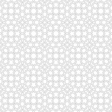 Yıldız ve sekizgen şekilli Arap geometrik deseni beyaz bir arkaplanda birbirine kenetlenmiş çizgilerden oluşur. Çeşitli yaratıcı ve dekoratif projeler için uygundur..