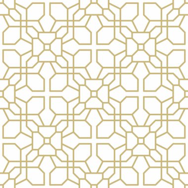 Beyaz bir zemin üzerinde arabesk tarzında birbirine geçmiş altın çizgilerden oluşan kusursuz geometrik desen. Çeşitli yaratıcı projeler veya dekoratif öğeler için uygundur.