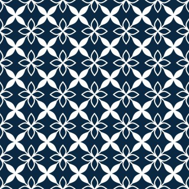 Seamless geometric pattern, with beautiful white four-petal leaf shapes on a dark blue background. Suitable for various design purposes of textiles, tiles, wallpapers, backgrounds, etc.