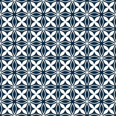 Seamless white line pattern, with simple four petal leaf shapes on a dark blue background. Suitable for various design purposes of textiles, tiles, wallpapers, backgrounds, etc.