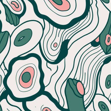 Soyut organik şekiller ve yeşil ve beyaz renkli dalgalı çizgiler.