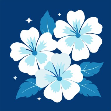 Narin mavi ve beyaz amber çiçekleri, koyu mavi arka planda yapraklar ve ışıltılı aksanlar.